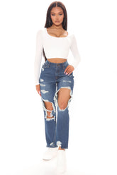 Ripped Straight Leg Perfect Boyfriend Jeans - Dark Wash Ins Street